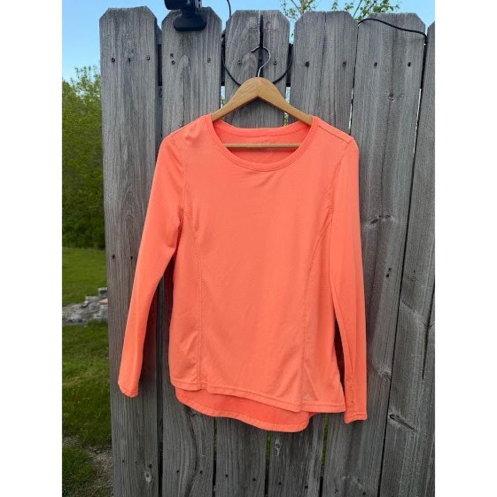 Danskin Now Womens Neon Coral‎ Orange Mesh Long Sleeve Athletic Top Large 12-14